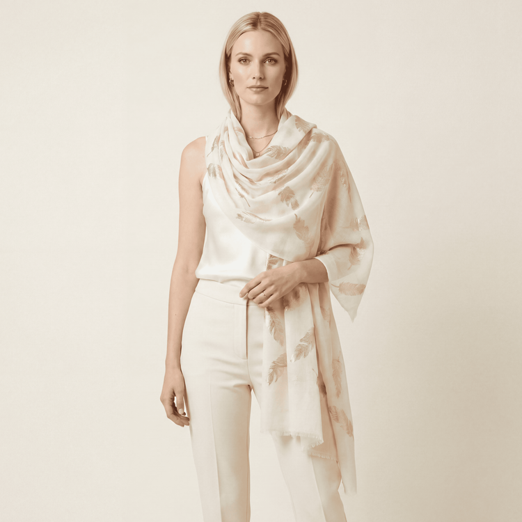 White & Gold Foil Feather Cashmere Scarf