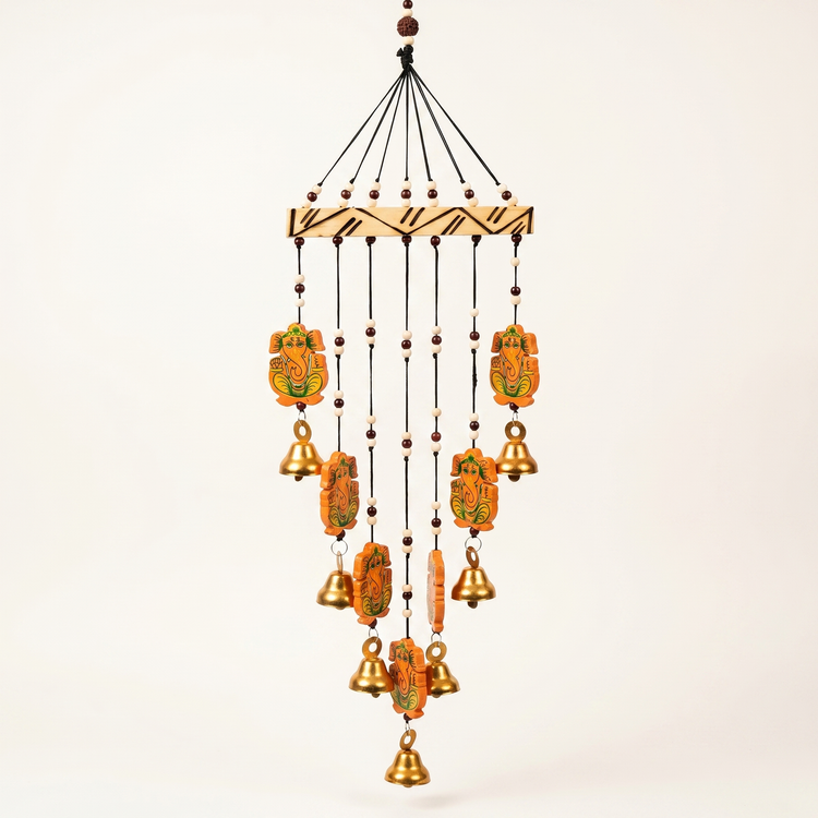 Spiritual Wooden Windchime with Ganesha Charms & Bells
