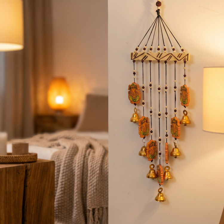 Spiritual Wooden Windchime with Ganesha Charms & Bells