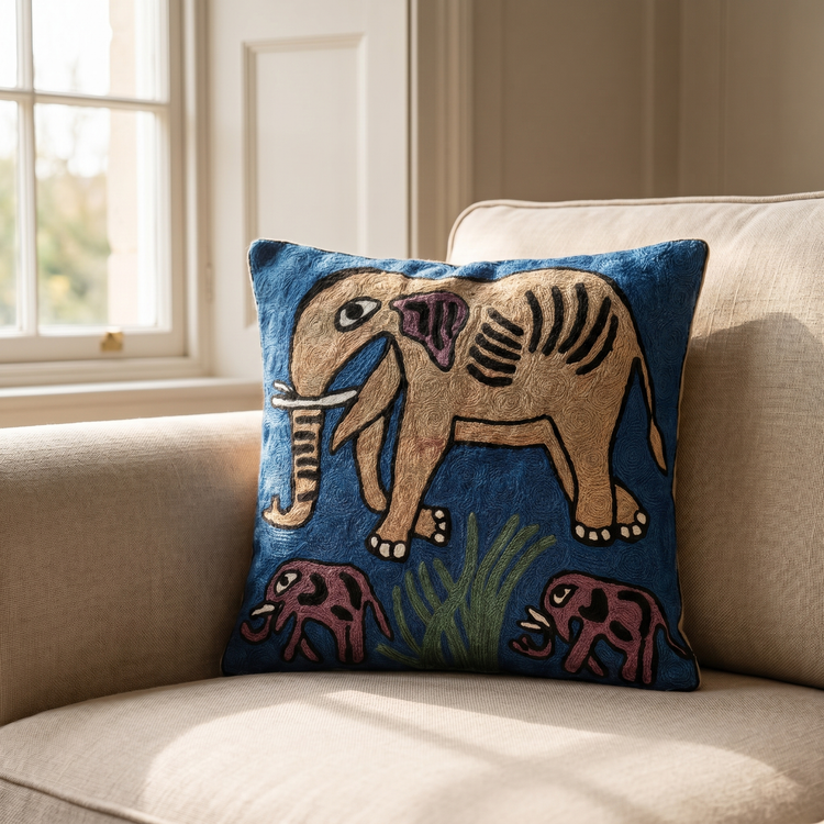 Pair of Elephant Family Himalayan Wool Cushion Covers
