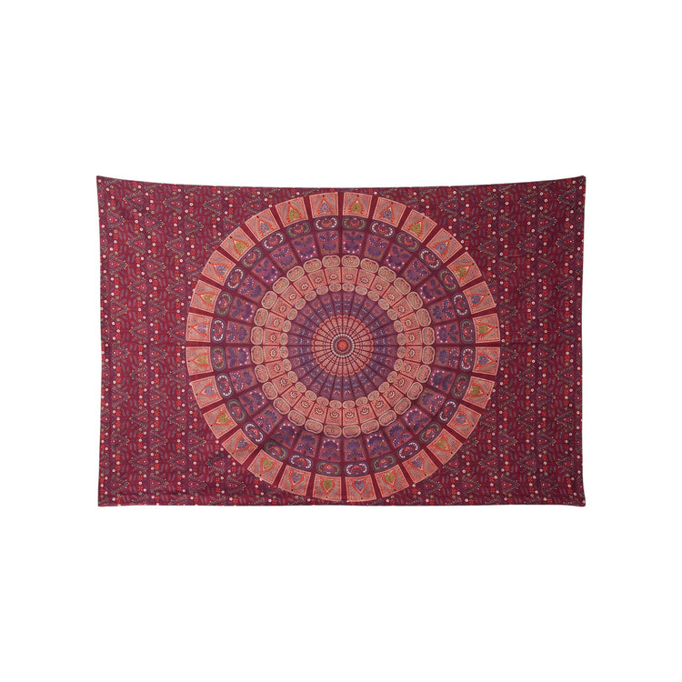 Panelled mandala hand block printed cotton tapestry in maroon and plum, 210 x 135 cm