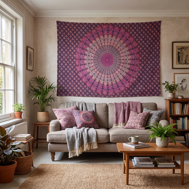 Peacock Fan Mandala Hand Block Printed Cotton Tapestry – Mulberry & Rose