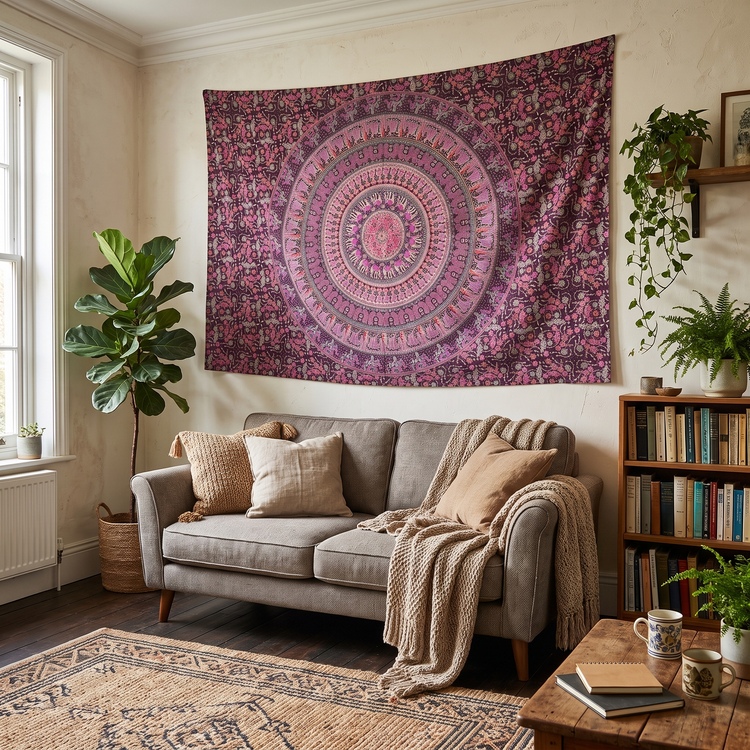 Camel Mandala Hand Block Printed Cotton Tapestry – Magenta & Plum