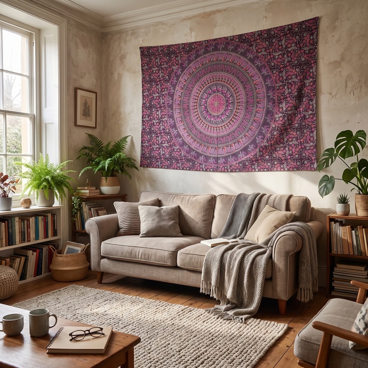 Camel Mandala Hand Block Printed Cotton Tapestry – Magenta & Plum
