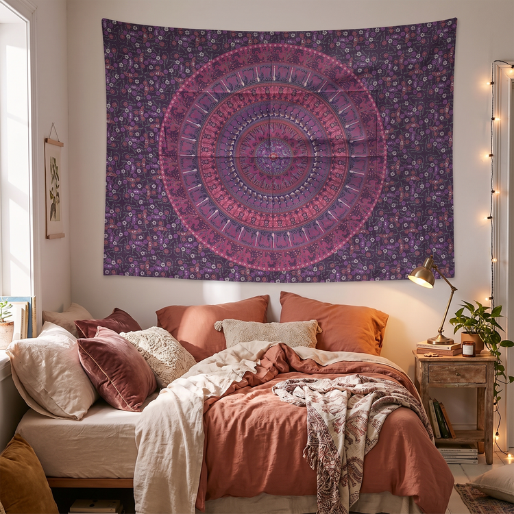 Camel Mandala Hand Block Printed Cotton Tapestry – Magenta & Plum