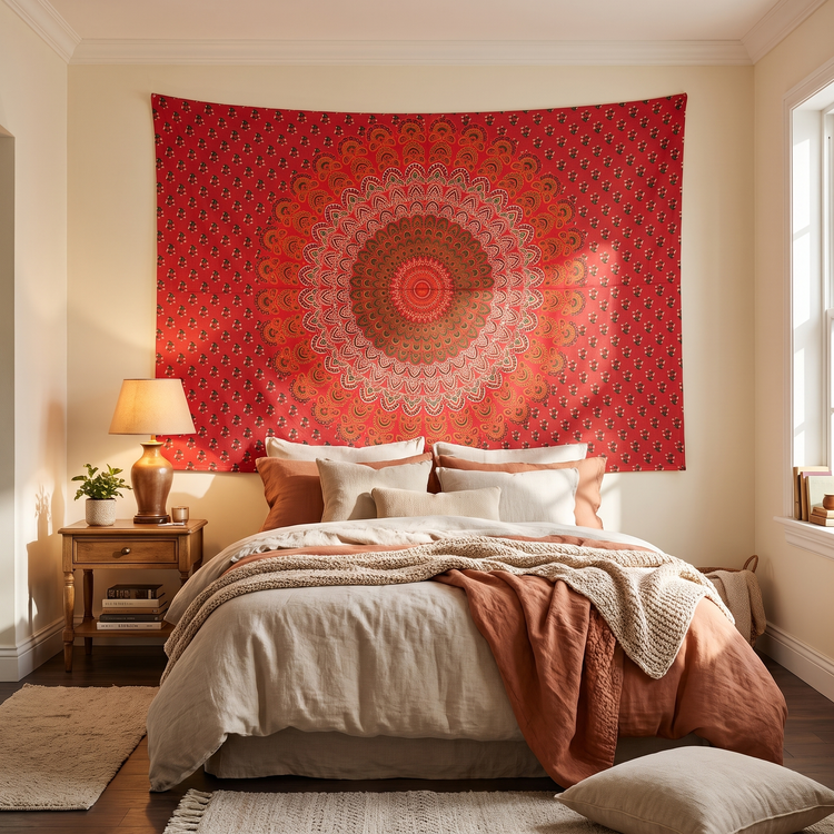 Floral Medallion Mandala Hand Block Printed Cotton Tapestry – Scarlet Red