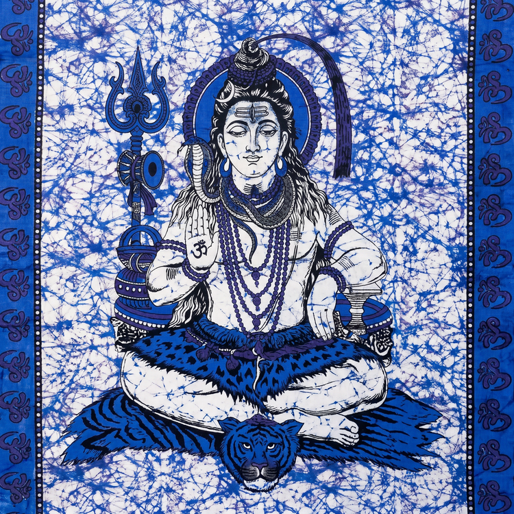 Lord Shiva Batik Cotton Tapestry – Indigo Blue Wall Hanging