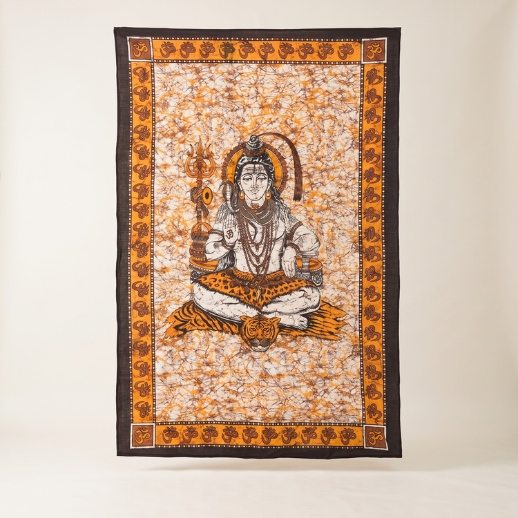 Lord Shiva Batik Cotton Tapestry – Amber Orange Wall Hanging