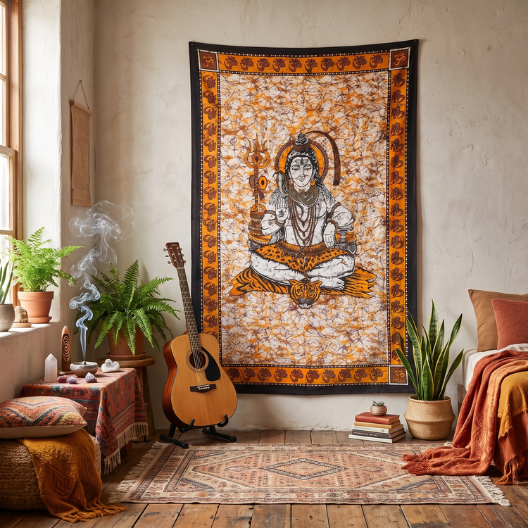 Lord Shiva Batik Cotton Tapestry – Amber Orange Wall Hanging