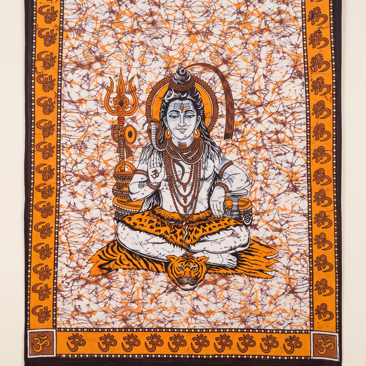 Lord Shiva Batik Cotton Tapestry – Amber Orange Wall Hanging