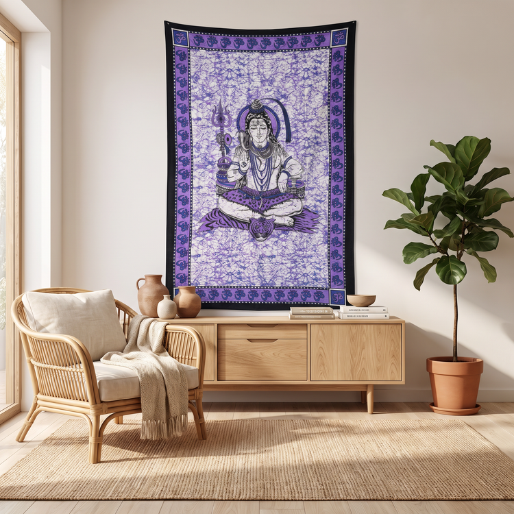 Lord Shiva Batik Cotton Tapestry – Violet Purple Wall Hanging