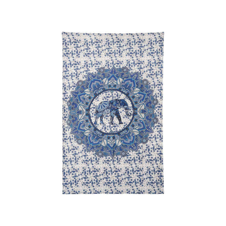 Elephant lotus mandala cotton tapestry in sky blue and white, 210 x 135 cm