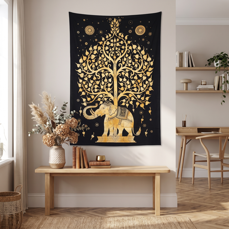 Tree of Life Elephant Cotton Tapestry – Black & Gold Wall Hanging