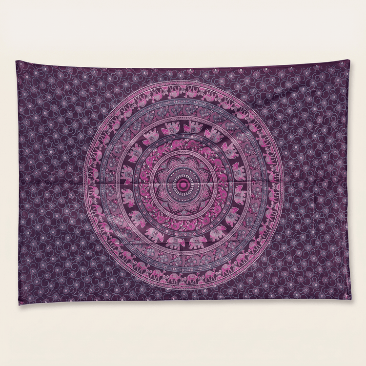 Elephant & Camel Mandala Hand Block Printed Cotton Tapestry – Plum & Pink