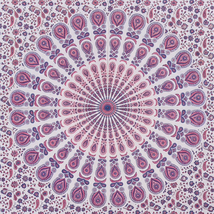 Peacock Fan Mandala Hand Block Printed Cotton Tapestry – Ivory & Coral