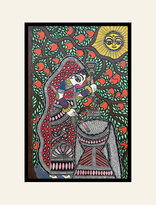 Village Life- Handmade Madhubani Painting