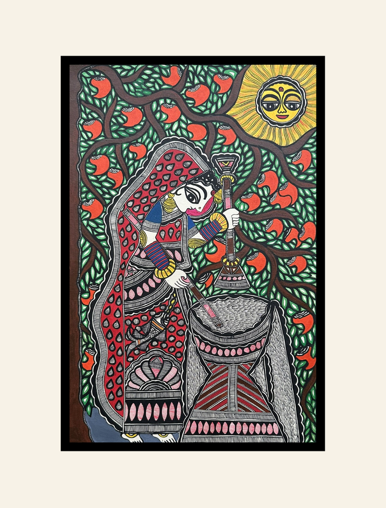 Village Life- Handmade Madhubani Painting
