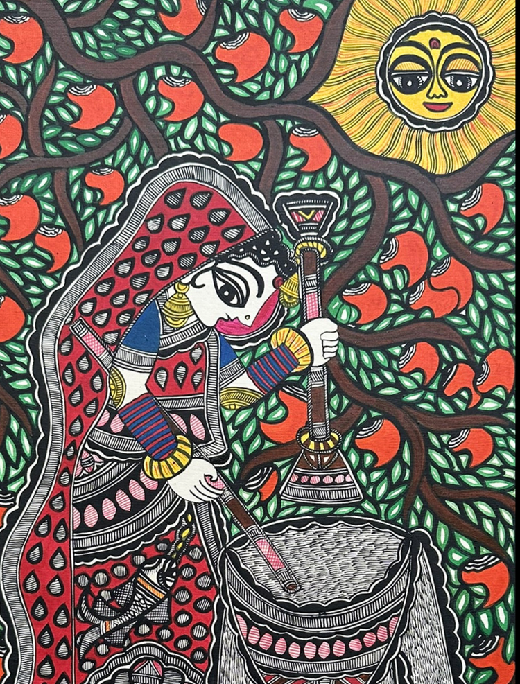 Village Life- Handmade Madhubani Painting
