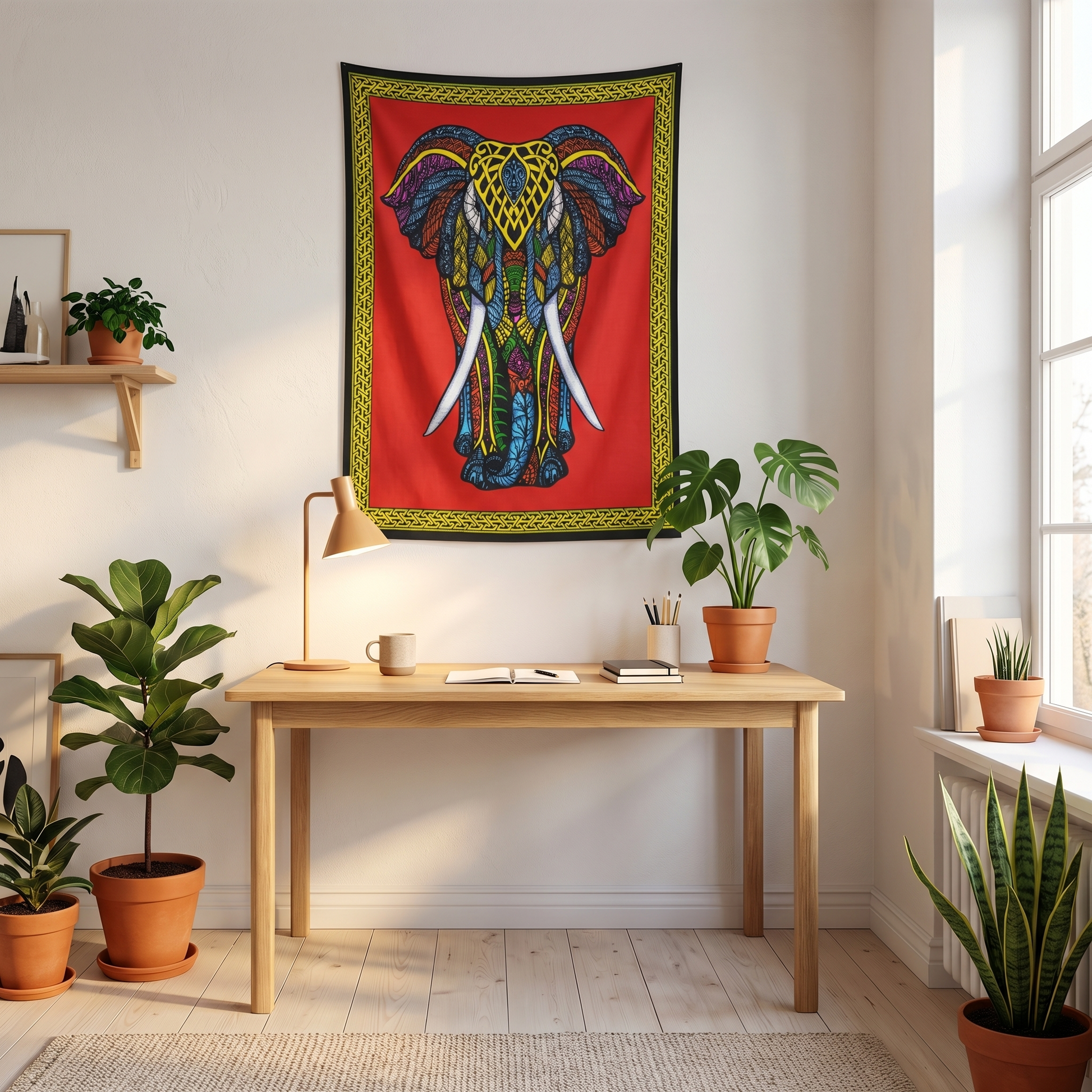 Ornate elephant cotton tapestry, rainbow zentangle elephant on a red ground with gold knotwork border, 110 x 75 cm poster