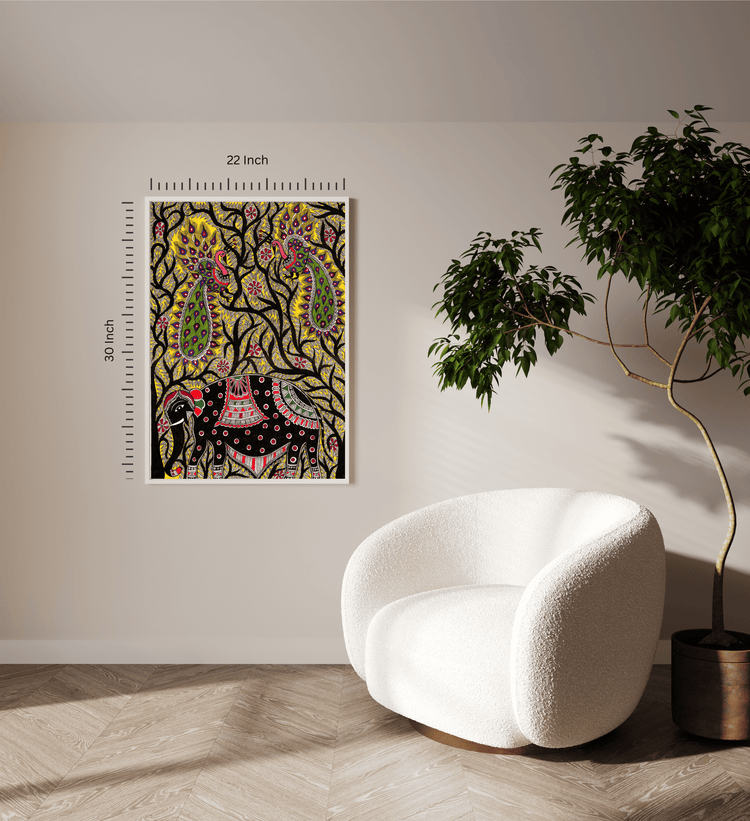 Royal Elephant & Peacock Forest – Madhubani Folk Painting