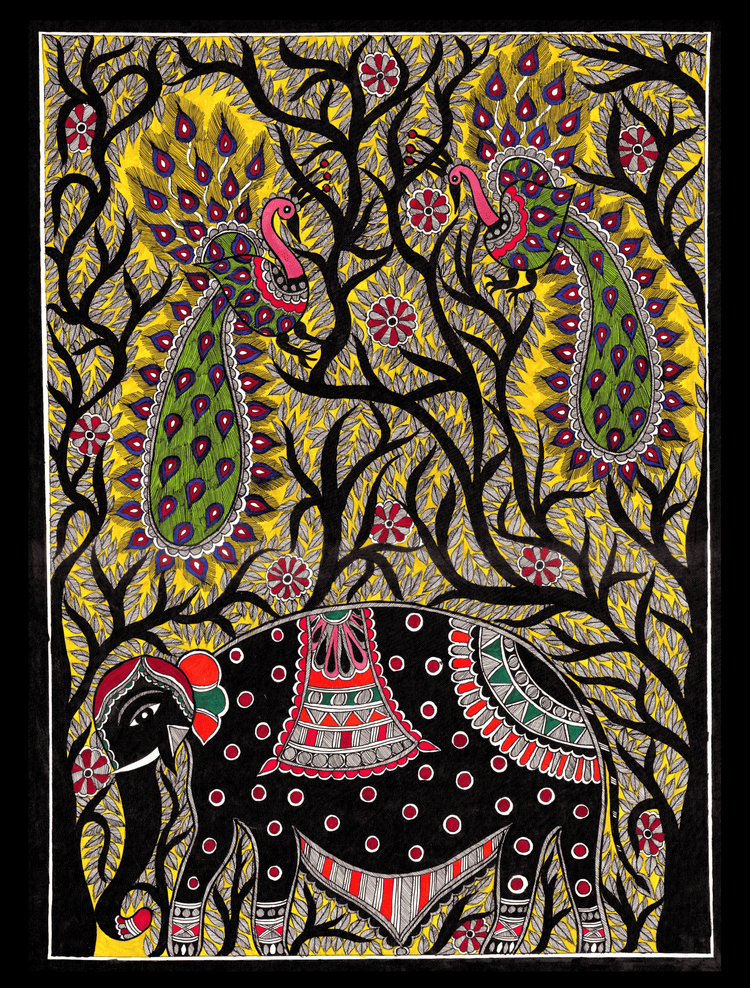 Royal Elephant & Peacock Forest – Madhubani Folk Painting