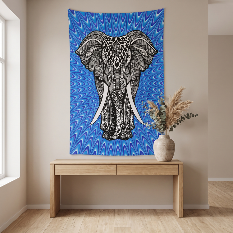 Ornate Elephant Cotton Tapestry – Blue Ombré Wall Hanging