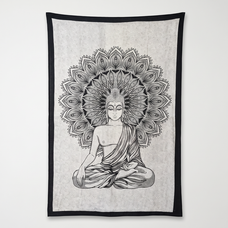 Meditating Buddha Cotton Tapestry – Ivory & Charcoal Wall Hanging