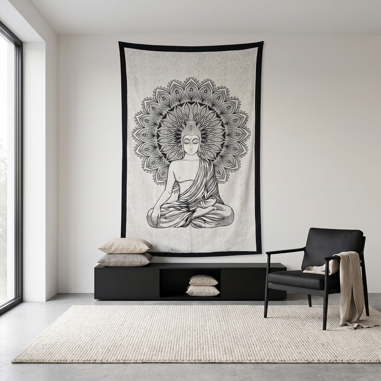 Meditating Buddha Cotton Tapestry – Ivory & Charcoal Wall Hanging