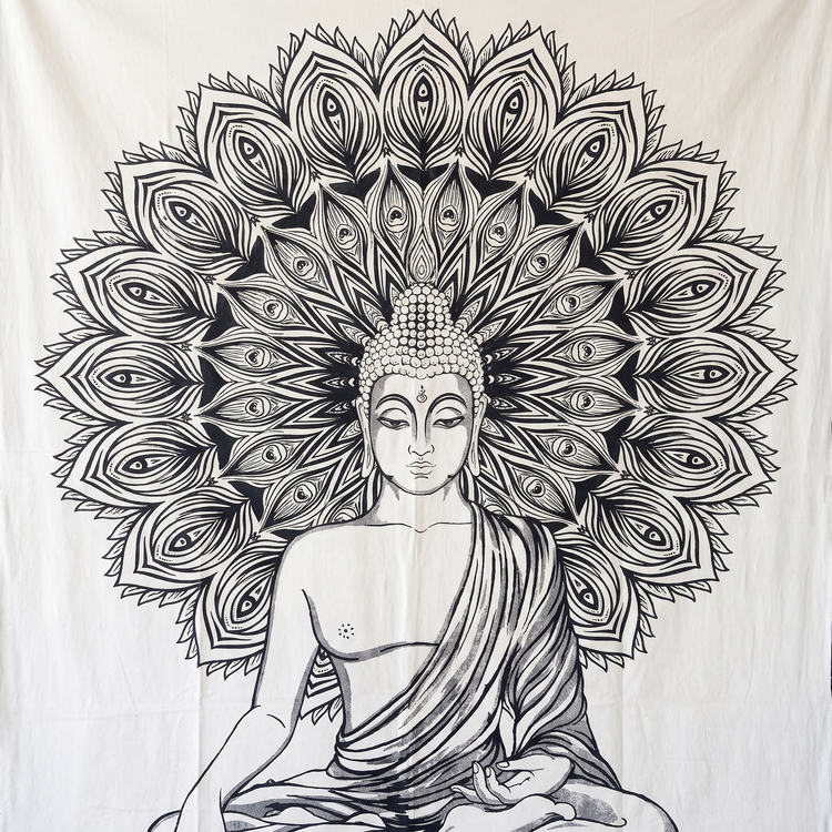 Meditating Buddha Cotton Tapestry – Ivory & Charcoal Wall Hanging