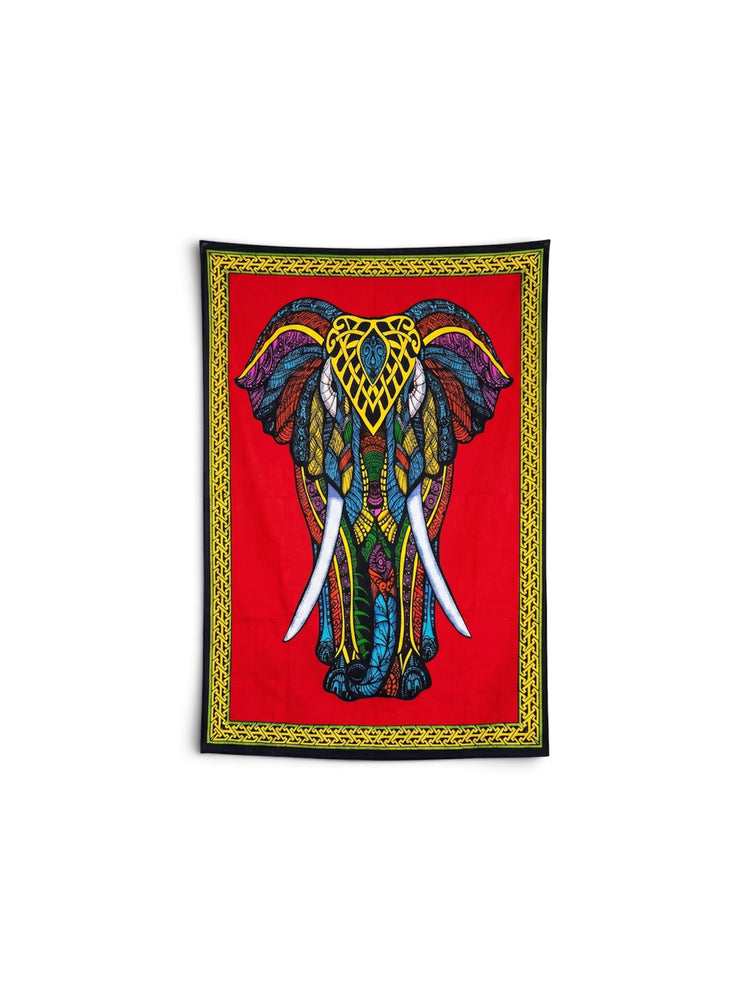 Ornate Elephant Cotton Tapestry – Red & Multicolour Wall Hanging