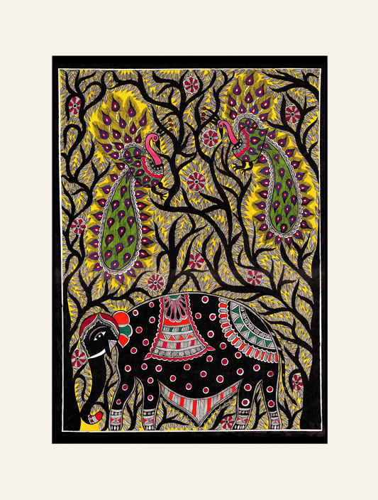 Royal Elephant & Peacock Forest – Madhubani Folk Painting