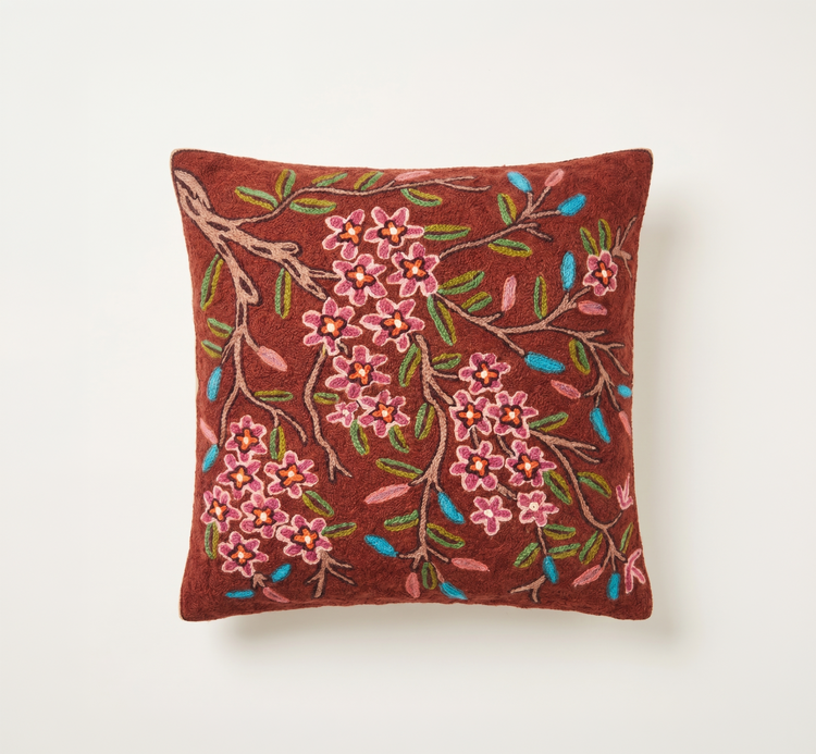 Pair of Himalayan Wool Red Floral Cushion Covers