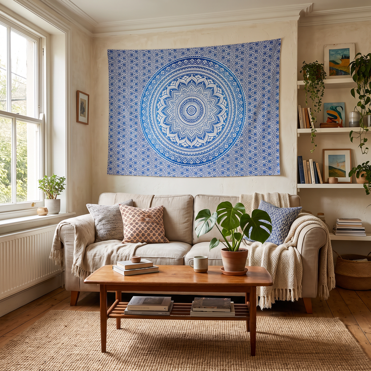Blue ombre lotus mandala cotton tapestry on a white ground, 210 x 135 cm