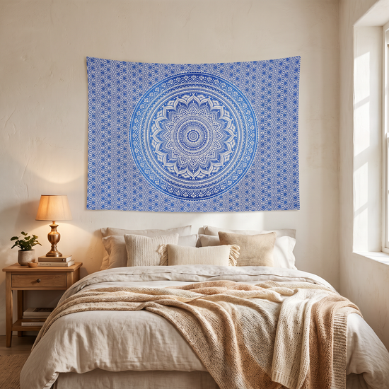 Lotus mandala detail with scalloped cobalt and cornflower petal rings