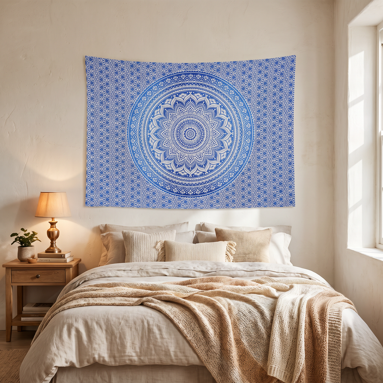 Lotus mandala detail with scalloped cobalt and cornflower petal rings