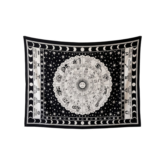 Astrology Zodiac Wheel Cotton Tapestry – Black & White Wall Hanging