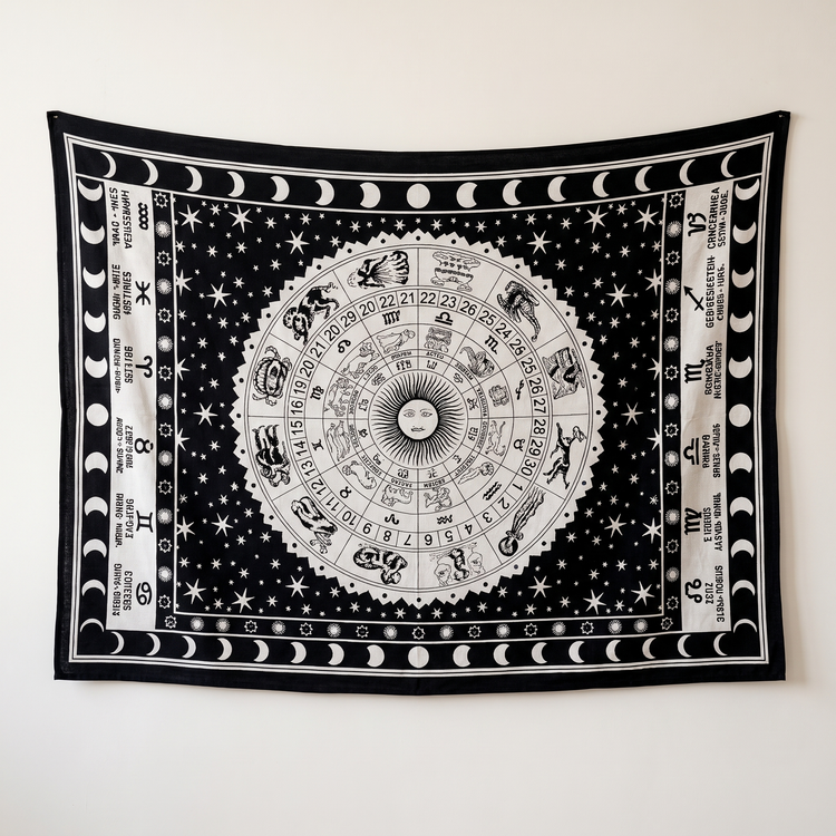 Astrology Zodiac Wheel Cotton Tapestry – Black & White Wall Hanging