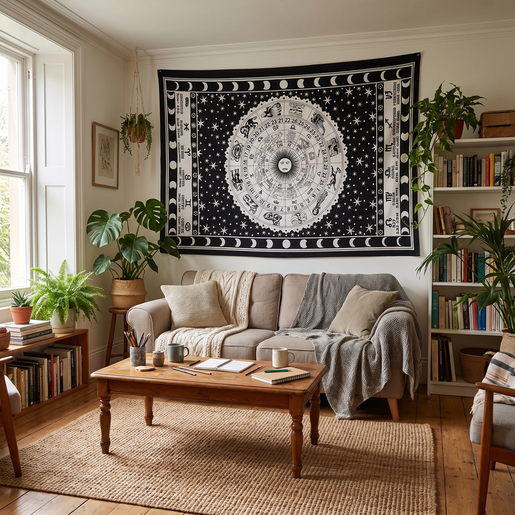 Astrology Zodiac Wheel Cotton Tapestry – Black & White Wall Hanging