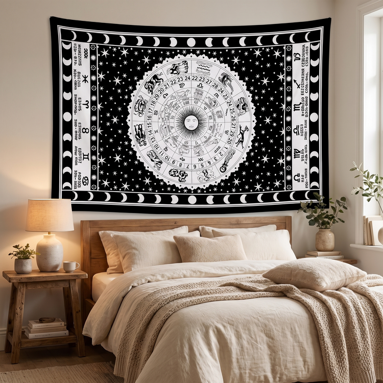 Astrology Zodiac Wheel Cotton Tapestry – Black & White Wall Hanging