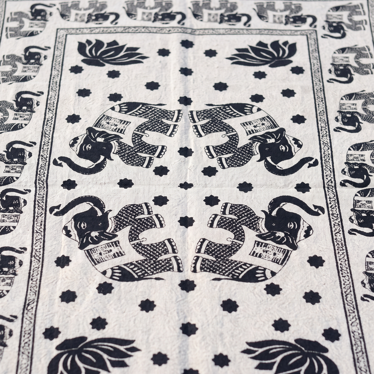 Elephant Hand Block Printed Cotton Tapestry – Navy & Cream Wall Hanging