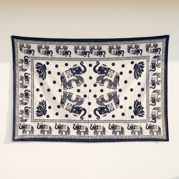 Elephant Hand Block Printed Cotton Tapestry – Navy & Cream Wall Hanging