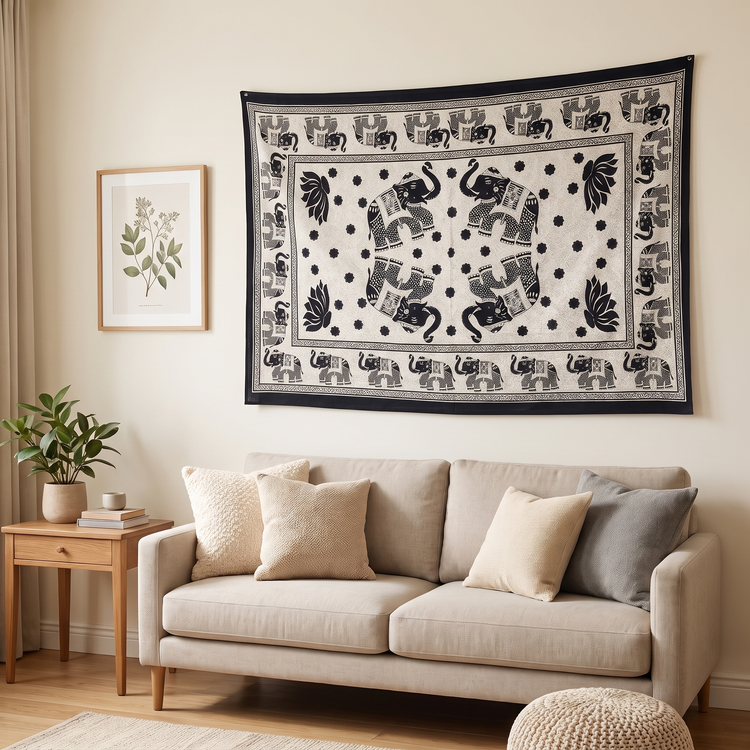Elephant Hand Block Printed Cotton Tapestry – Navy & Cream Wall Hanging