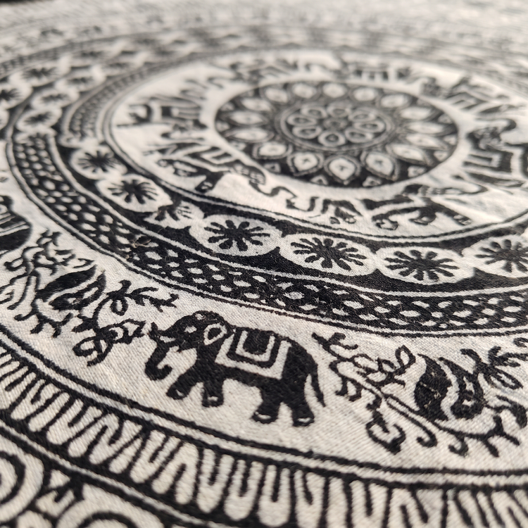 Elephant Mandala Hand Block Printed Cotton Tapestry – Cream & Black Wall Hanging