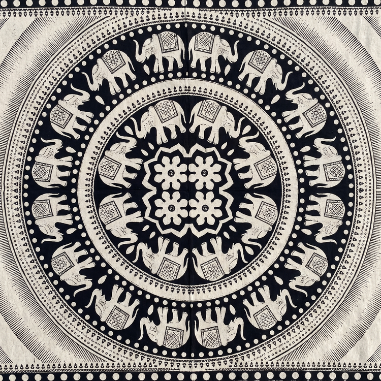 Elephant Corner Mandala Hand Block Printed Cotton Tapestry – Black & Ivory