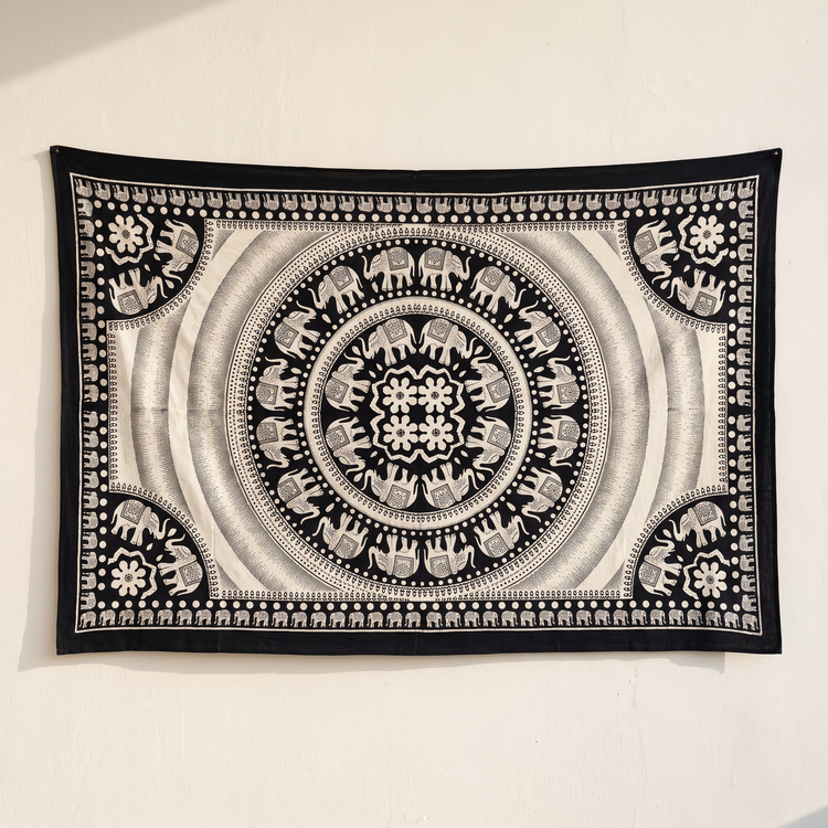 Elephant Corner Mandala Hand Block Printed Cotton Tapestry – Black & Ivory