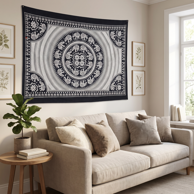 Elephant Corner Mandala Hand Block Printed Cotton Tapestry – Black & Ivory
