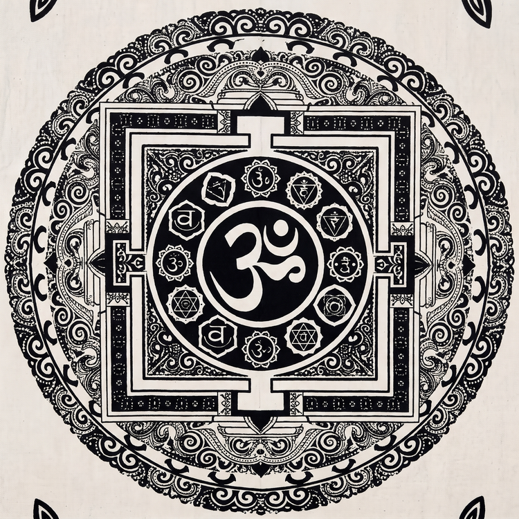 Om Chakra Mandala Hand Block Printed Cotton Tapestry – Black & Ivory Wall Hanging