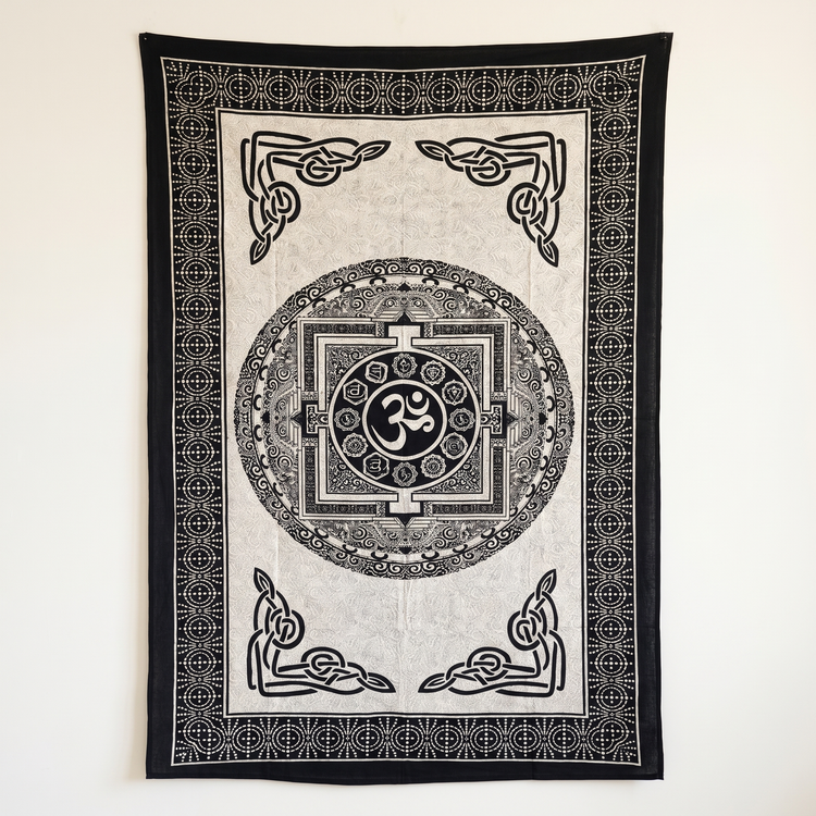 Om Chakra Mandala Hand Block Printed Cotton Tapestry – Black & Ivory Wall Hanging