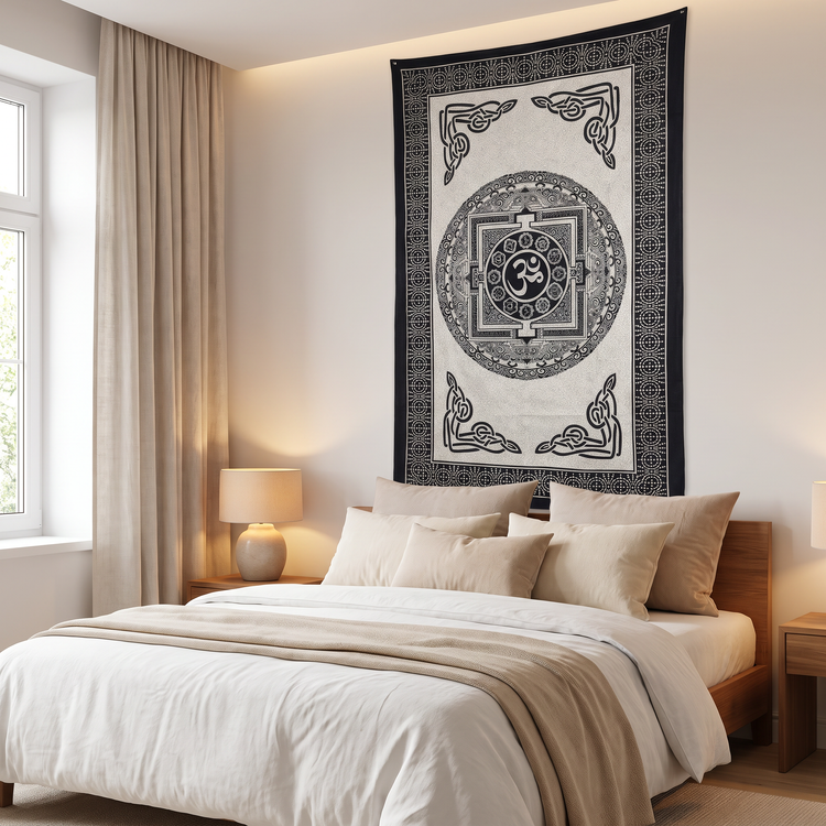Om Chakra Mandala Hand Block Printed Cotton Tapestry – Black & Ivory Wall Hanging