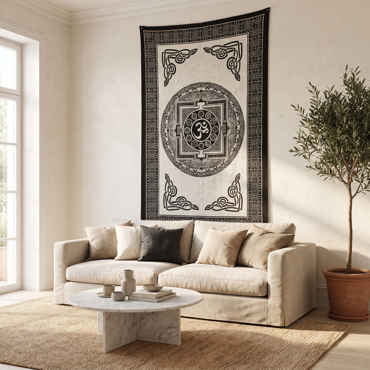 Om Chakra Mandala Hand Block Printed Cotton Tapestry – Black & Ivory Wall Hanging